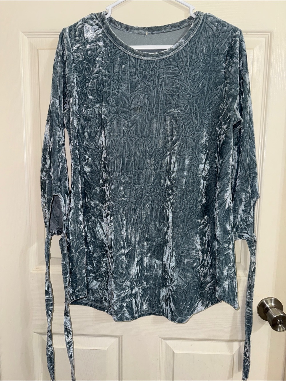 Crushed Velvet Long Sleeve Tie-Sleeve Top - Slate Gray